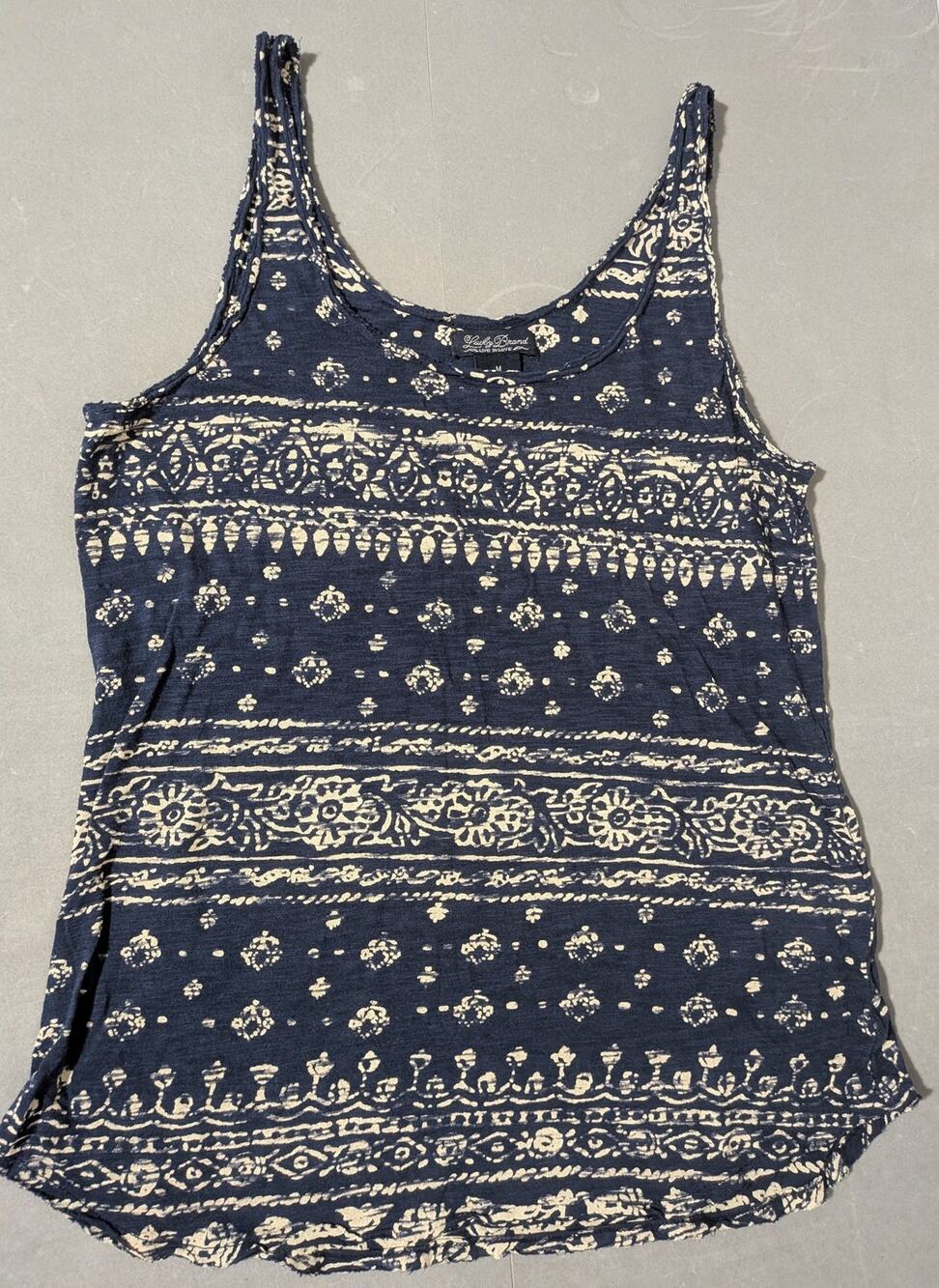 Lucky Brand Navy Cream Print Tank Top Medium Boho Floral Knit Scoop Neck